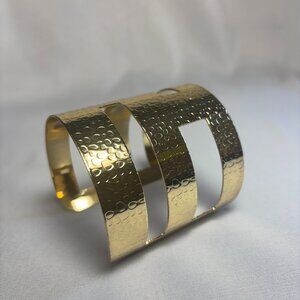 Wide Statement Cuff Bracelet, Hammered Gold Tone Bracelet, geometrical cut-outs